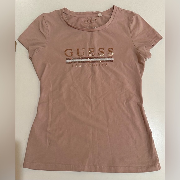 GUESS Pink Fitted Sequin Short Sleeve Tee - Picture 1 of 3